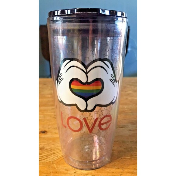 Disney Rainbow Pride Travel Mug Mickey Mouse Hands Heart Collection Love Gay - Picture 1 of 9